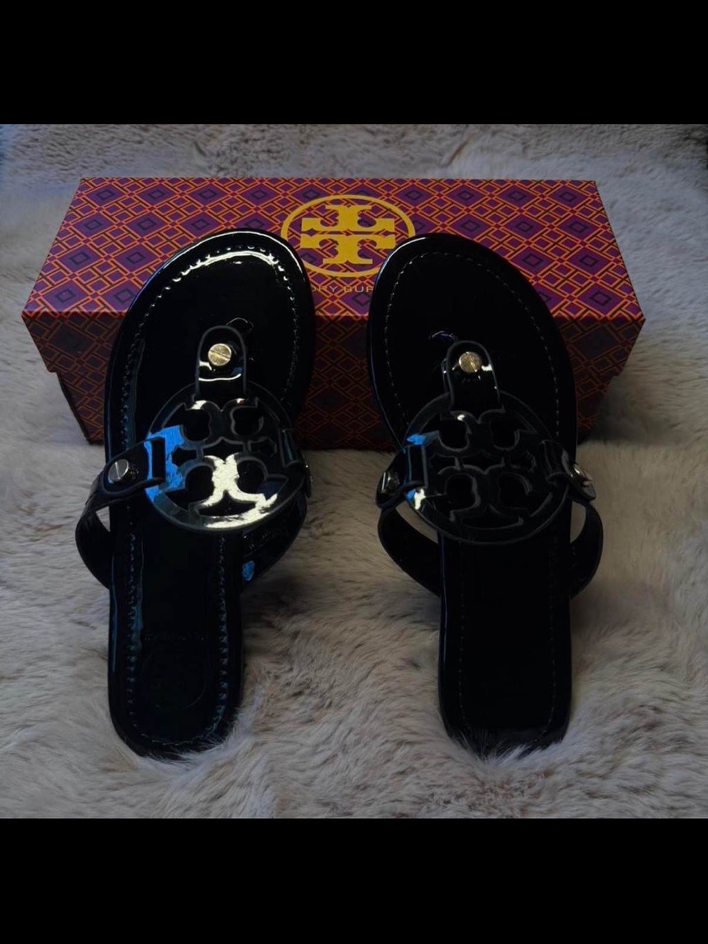 Tory Burch Black Patent Logo Thong Sandals